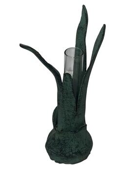 Brutalist Industrial Decor Verdigris Green Metal Leaf Bud Vase with Glass Insert